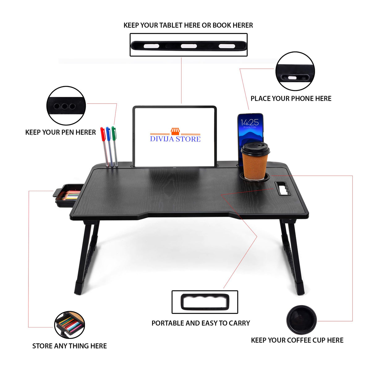 DIVIJA STORE Smart Multipurpose Foldable Laptop Table with Cup Holder, Study Table, Bed Table, Breakfast Table, Foldable and Portable/Ergonomic & Rounded Edges/Non-Slip Legs (Black)