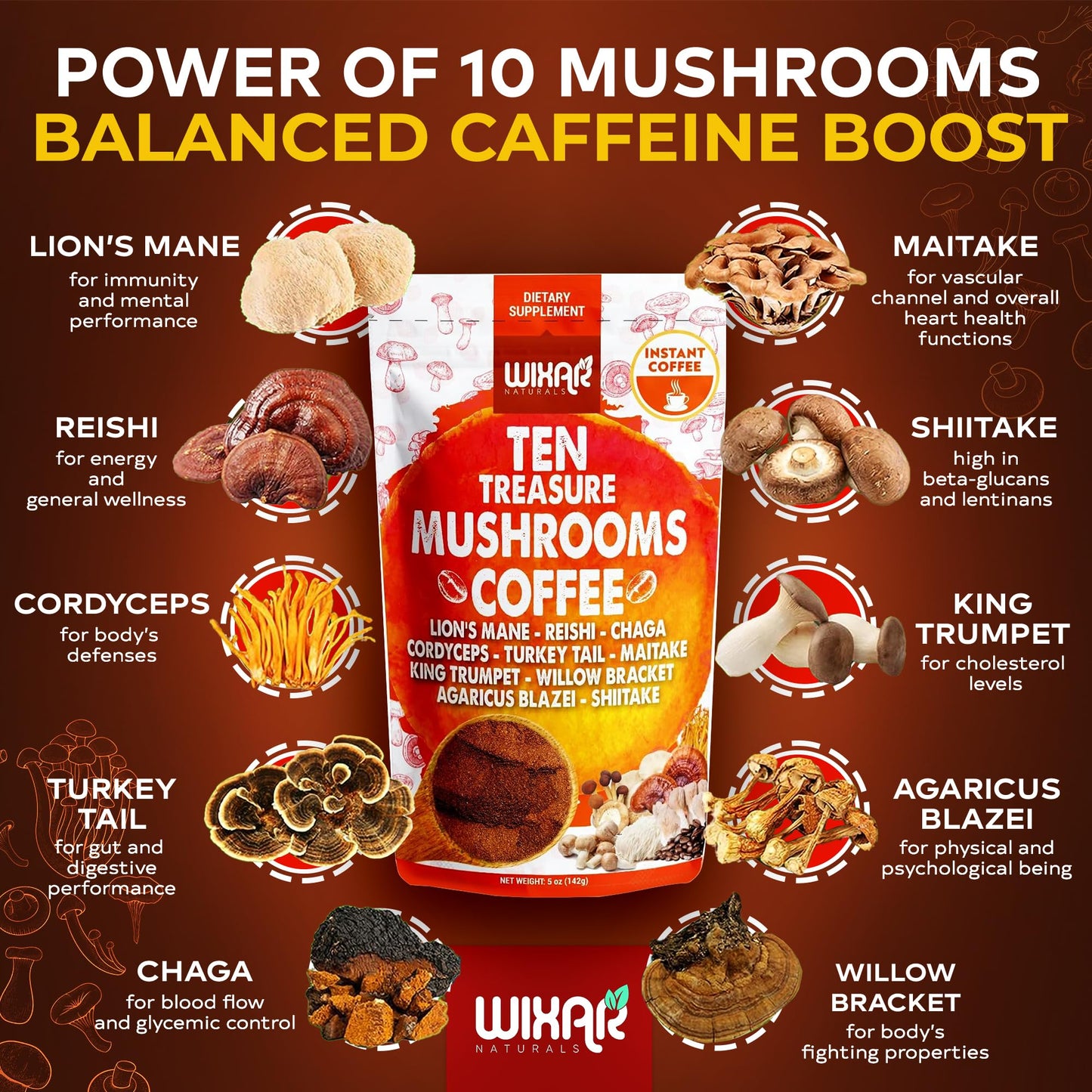 Wixar Mushroom Coffee Blend - Ten Treasure Mushrooms Extract Instant Coffee Powder with Lions Mane, Turkey Tail, Reishi, Chaga, Shiitake, Maitake, Cordyceps, Complex - 5oz Mushroom Supplement