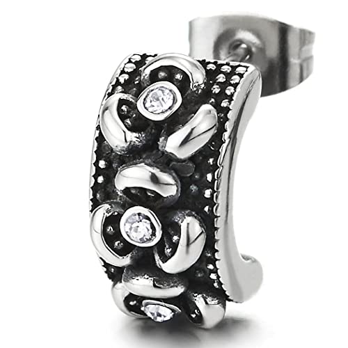 2pcs Vintage Steel Half Hoop Earrings with Flower and Cubic Zirconia, for Women