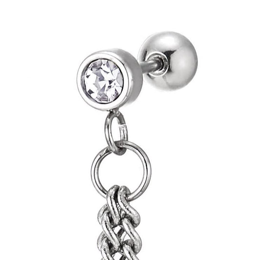 1pc Mens Womens Steel CZ Stud Ear Cuff Ear Clip Non-Piercing Dangling CZ Charm Double Chain Link Earring