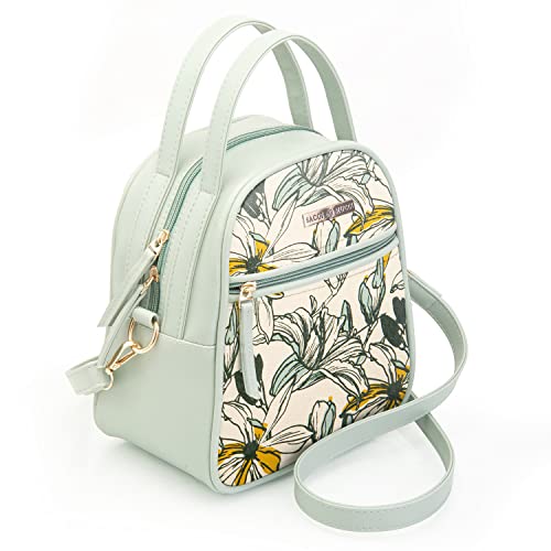 SACCI MUCCI Multipurpose Lunch Bag with Adjustable Strap a Perfect Office Bag for Women 100% Vegan Leather and Coated Duck Canvas Fabric, Lightweight and Durable (Mint Green -Magnolia) -123