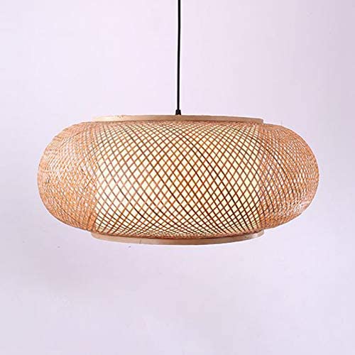 LITFAD Antique Lantern Pendant Lighting Rattan Single Light Weaving Natural Wooden Ceiling Hanging Light Beige Ceiling Fixture with Adjustable Cord for Dining Room Living Room Restaurant - 19.8"