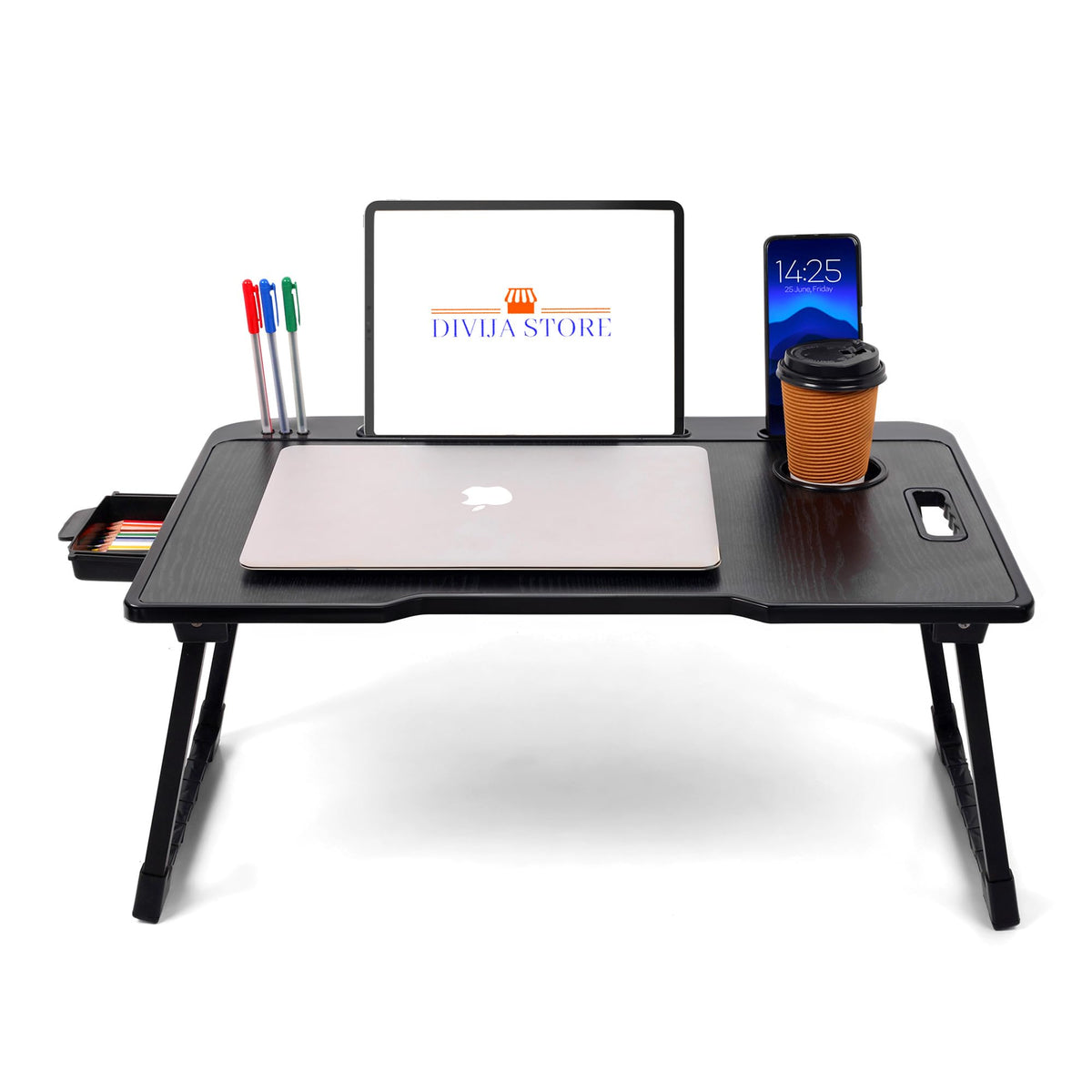 DIVIJA STORE Smart Multipurpose Foldable Laptop Table with Cup Holder, Study Table, Bed Table, Breakfast Table, Foldable and Portable/Ergonomic & Rounded Edges/Non-Slip Legs (Black)