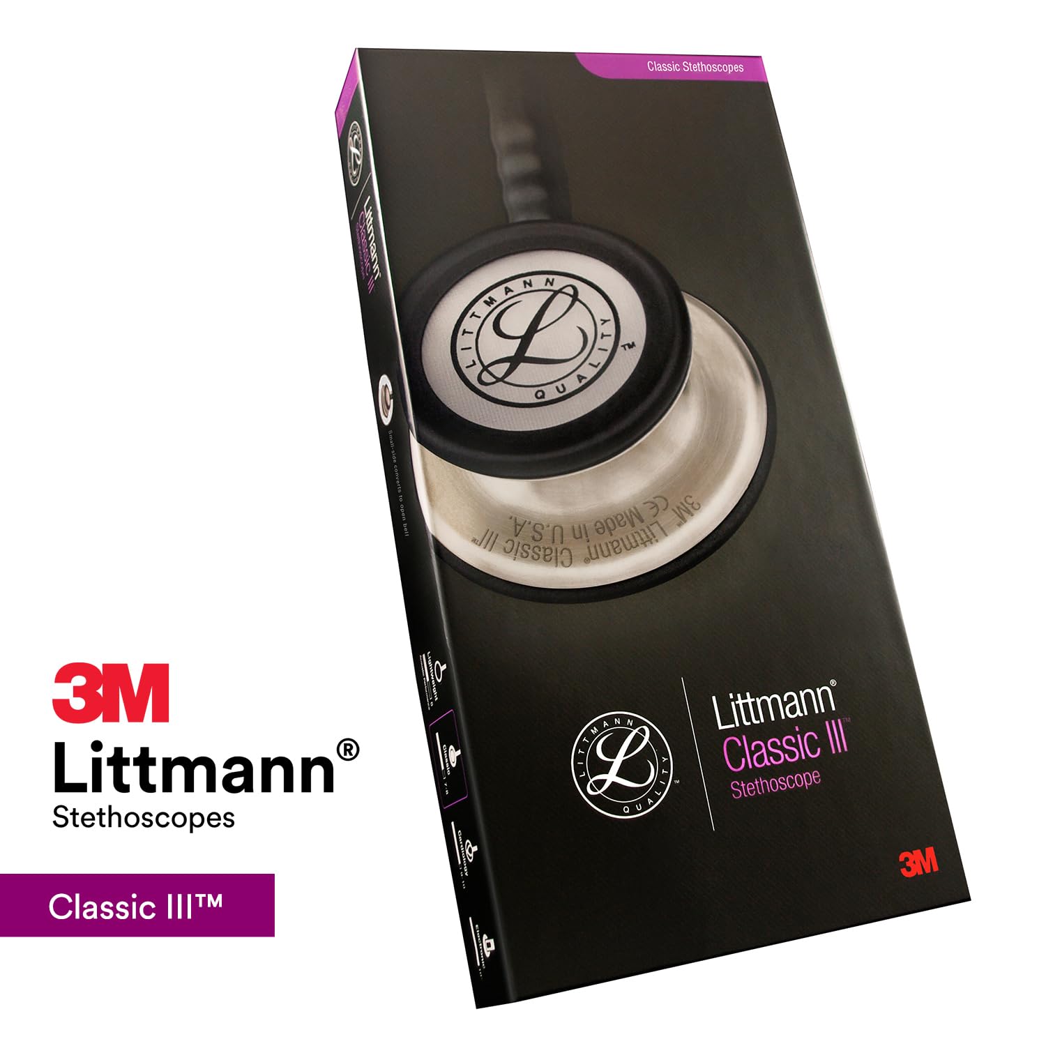 3M Littmann Classic III Monitoring Stethoscope, 5620, More Than 2X as Loud, Weighs Less, Stainless Steel Chestpiece, 27" Black Tube
