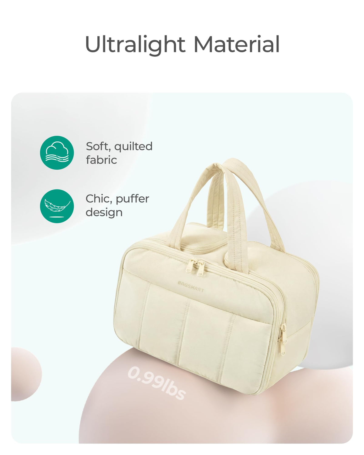 BAGSMART Travel Toiletry Bag, Puffy Toiletry Bag for Women, Lightweight Cosmetic Makeup Bag Organizer with Handle for Traveling, Accessories, Essentials, Toiletries, E-Light Green, 11.8''L x 7.3''W x