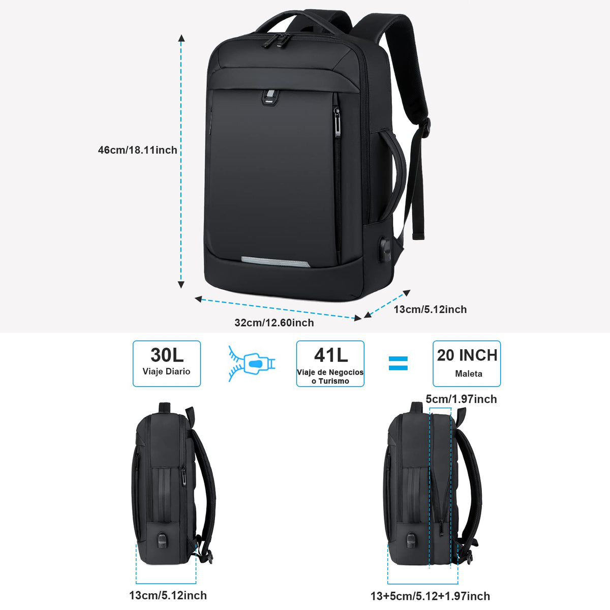 Mochila Laptop Impermeable Extensible 15.6in Con Carga USB Antirrobo Mochilas Para Computadora Negocios Viaje Escolar Al Aire Libre Mochila
