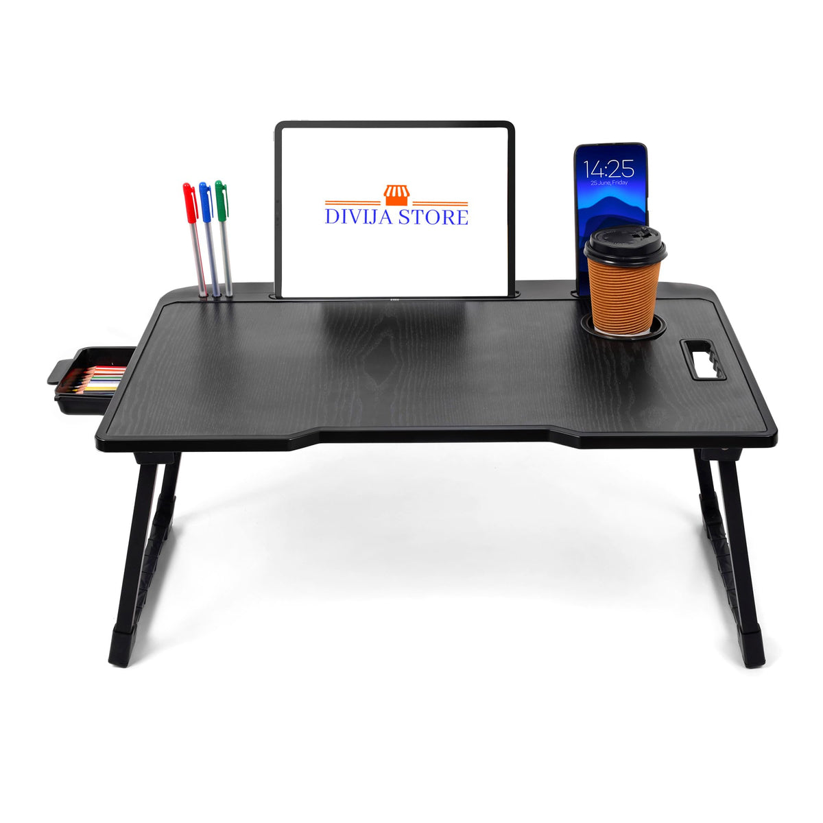 DIVIJA STORE Smart Multipurpose Foldable Laptop Table with Cup Holder, Study Table, Bed Table, Breakfast Table, Foldable and Portable/Ergonomic & Rounded Edges/Non-Slip Legs (Black)