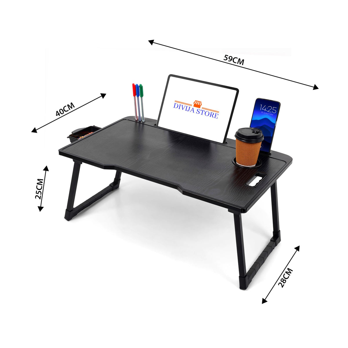 DIVIJA STORE Smart Multipurpose Foldable Laptop Table with Cup Holder, Study Table, Bed Table, Breakfast Table, Foldable and Portable/Ergonomic & Rounded Edges/Non-Slip Legs (Black)