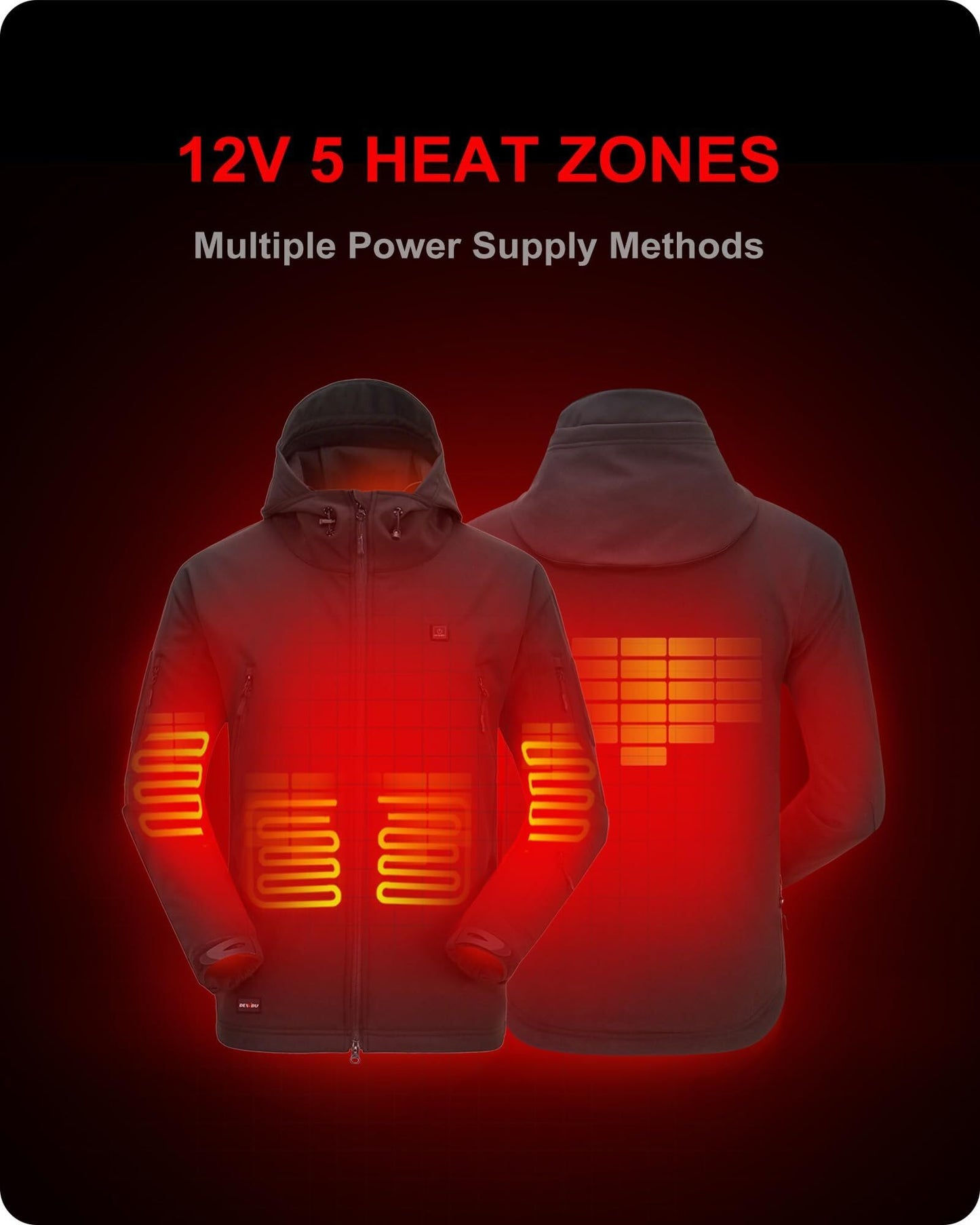 DEWBU Heated Jacket for Men with 12V Battery Pack Winter Outdoor Soft Shell Electric Heating Coat, Men's Black, L