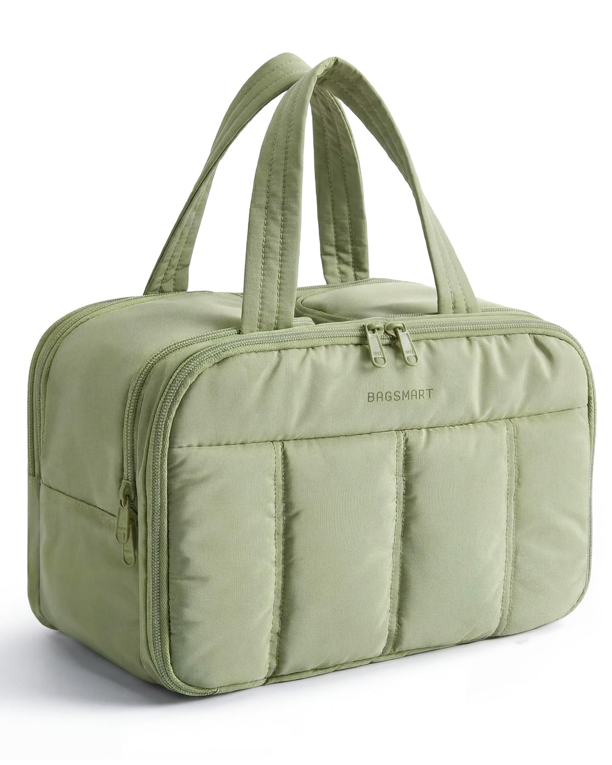 BAGSMART Travel Toiletry Bag, Puffy Toiletry Bag for Women, Lightweight Cosmetic Makeup Bag Organizer with Handle for Traveling, Accessories, Essentials, Toiletries, E-Light Green, 11.8''L x 7.3''W x