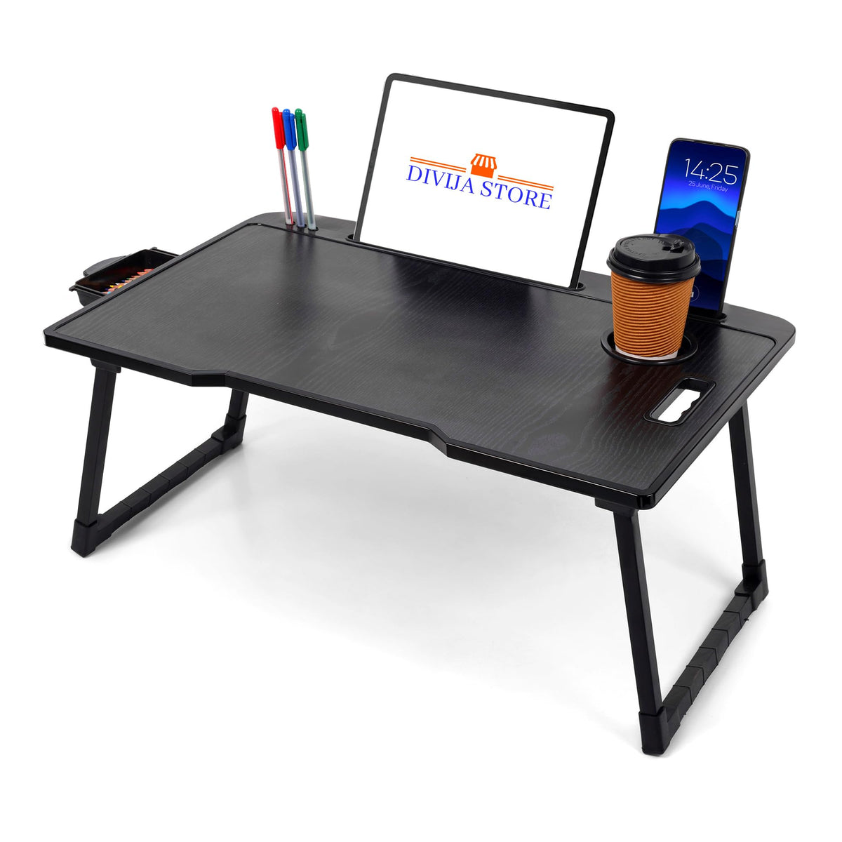 DIVIJA STORE Smart Multipurpose Foldable Laptop Table with Cup Holder, Study Table, Bed Table, Breakfast Table, Foldable and Portable/Ergonomic & Rounded Edges/Non-Slip Legs (Black)
