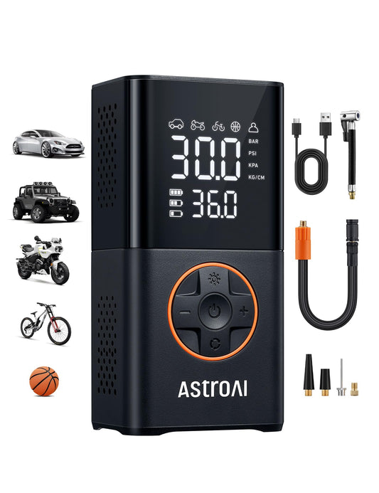 AstroAI L7 Tire Inflator Portable Air Compressor Cordless-2pack Bike Pump with Digital Dual Values Display, 150 PSI Car Tires Pump with LED Lights Air Pump for Cars, Motorcycles, Bikes, Balls Orange