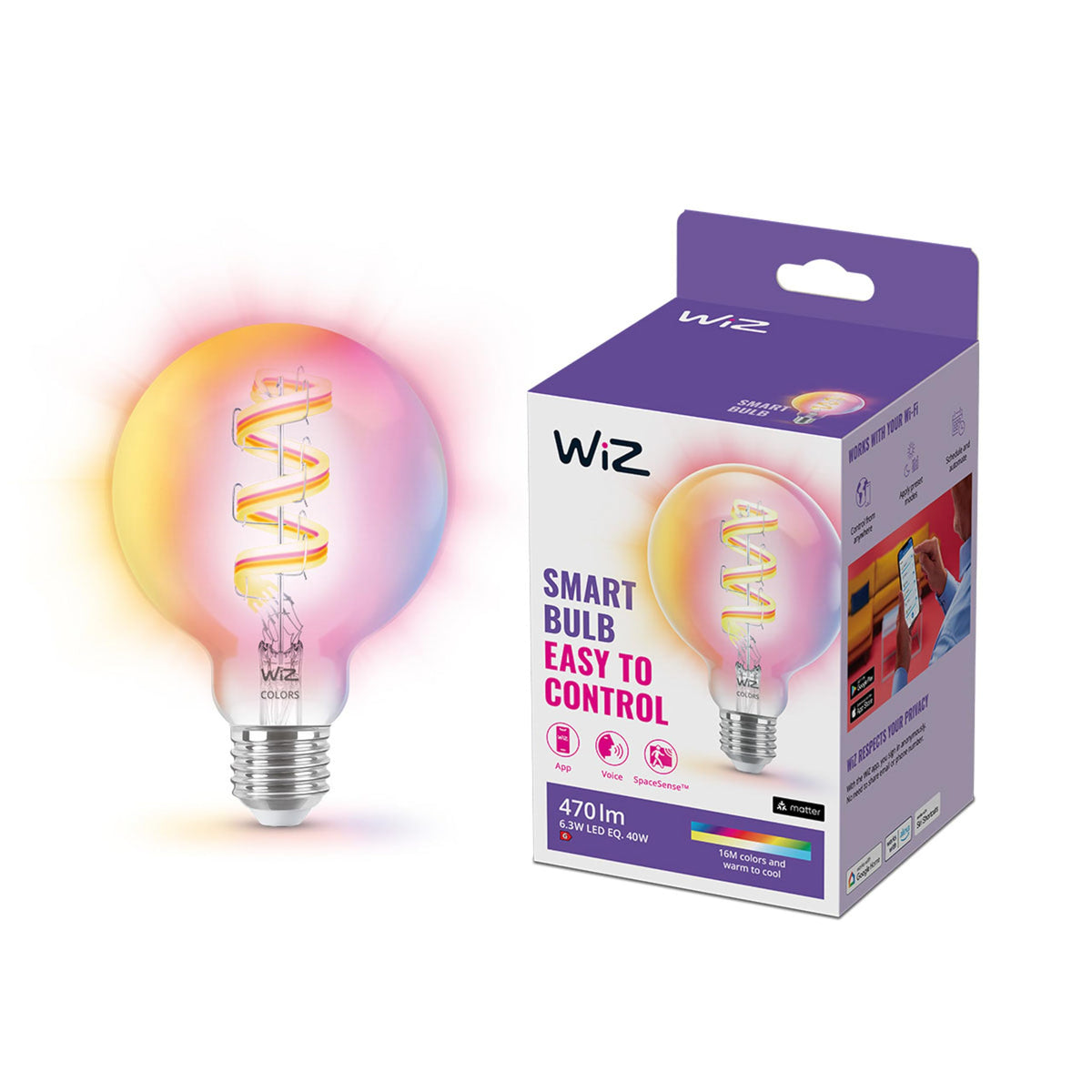 WiZ E27 Filament Lamp Globe - Colored and White Light - Smart LED Lighting - 40W - Transparent - Wi-Fi