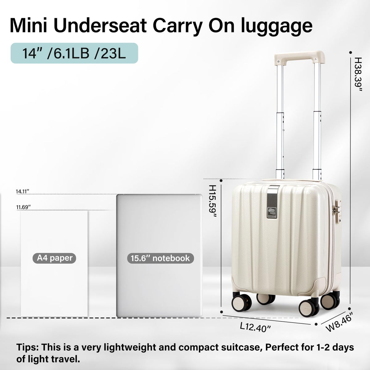 Hanke Maleta de Mano de 14 Pulgadas con Ruedas, Equipaje de Cabina Rígido Ligero, Cabe Debajo del Asiento, Aprobada para Viaje en Avión, Maleta Pequeña para Fin de Semana, Blanco Ahumado