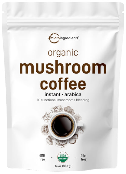 Organic Instant 10 in 1 Mushroom Coffee Powder, 14 Ounce (158 Servings) | Weight & Immune Support | Premium Arabica Coffee with Lion’s Mane, Chaga, Reishi,& More
