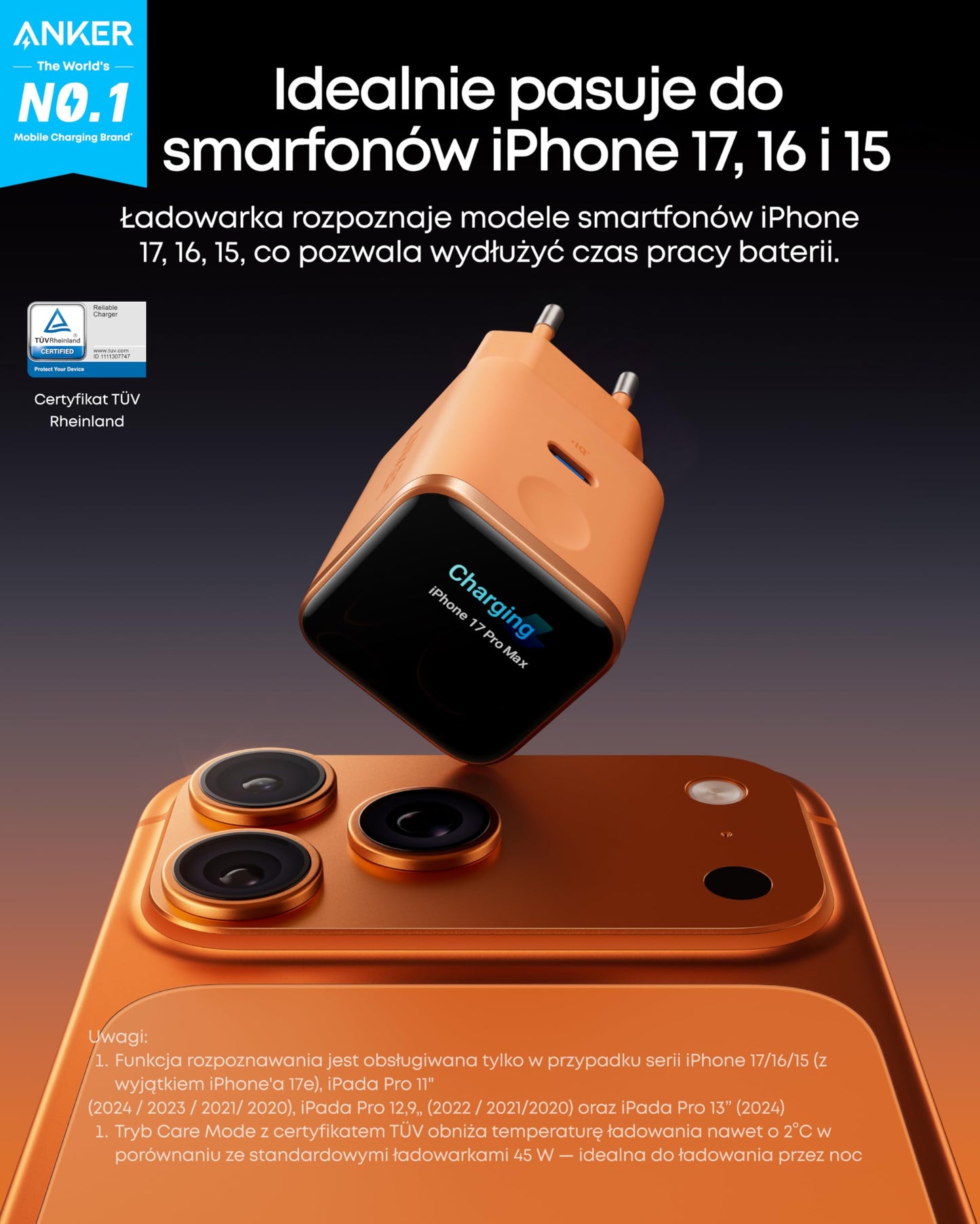 Anker ładowarka USB-C Nano, 45 W, inteligentny wyświetlacz, GaN