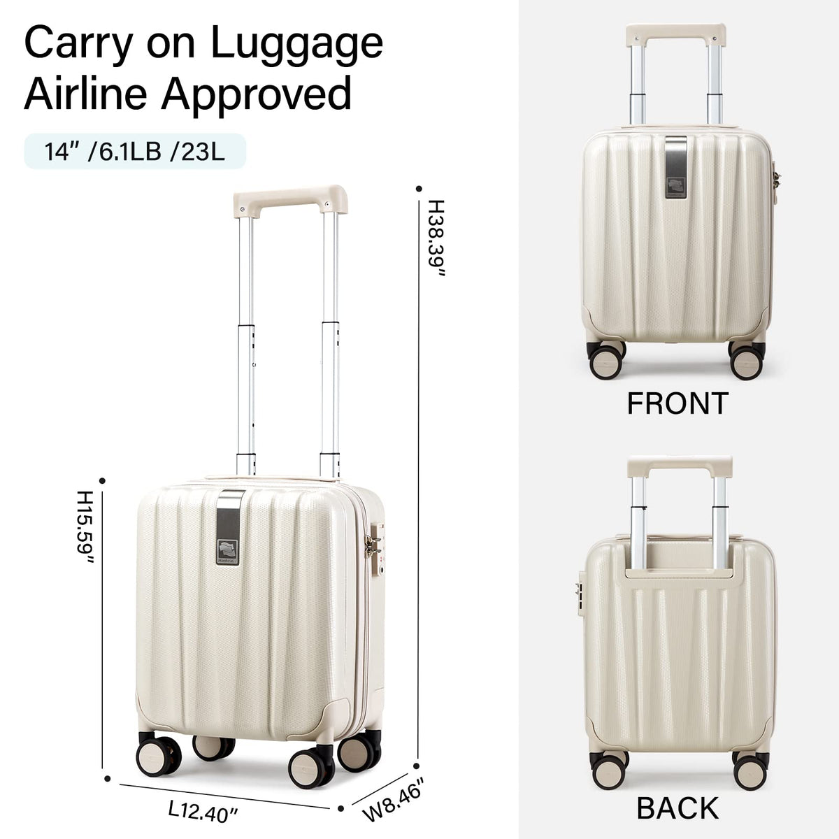 Hanke Maleta de Mano de 14 Pulgadas con Ruedas, Equipaje de Cabina Rígido Ligero, Cabe Debajo del Asiento, Aprobada para Viaje en Avión, Maleta Pequeña para Fin de Semana, Blanco Ahumado