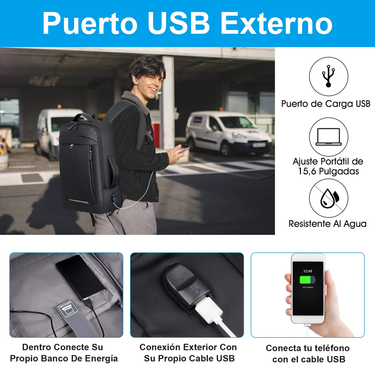 Mochila Laptop Impermeable Extensible 15.6in Con Carga USB Antirrobo Mochilas Para Computadora Negocios Viaje Escolar Al Aire Libre Mochila