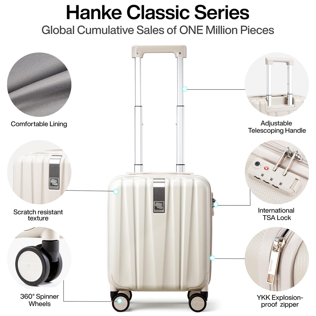 Hanke Maleta de Mano de 14 Pulgadas con Ruedas, Equipaje de Cabina Rígido Ligero, Cabe Debajo del Asiento, Aprobada para Viaje en Avión, Maleta Pequeña para Fin de Semana, Blanco Ahumado