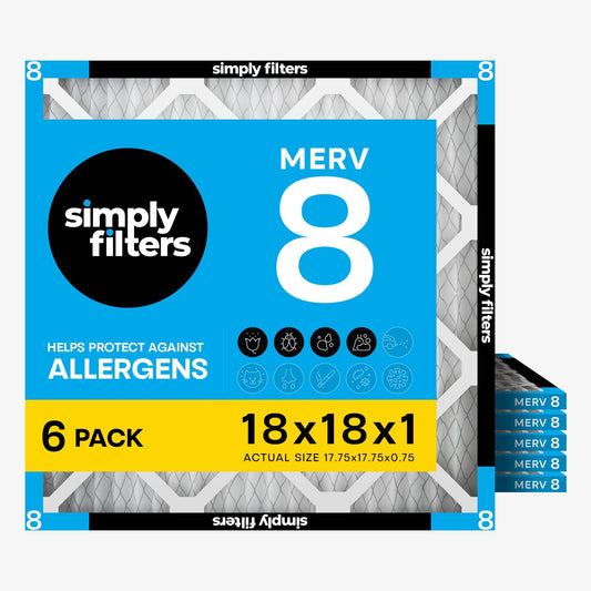 Simply 18x18x1 Air Filter, Merv 8, 6 Pack, For Home AC Furnace & HVAC (Actual Size: 17.75"x17.75"x0.75") DUST, Pet, & Allergy Control