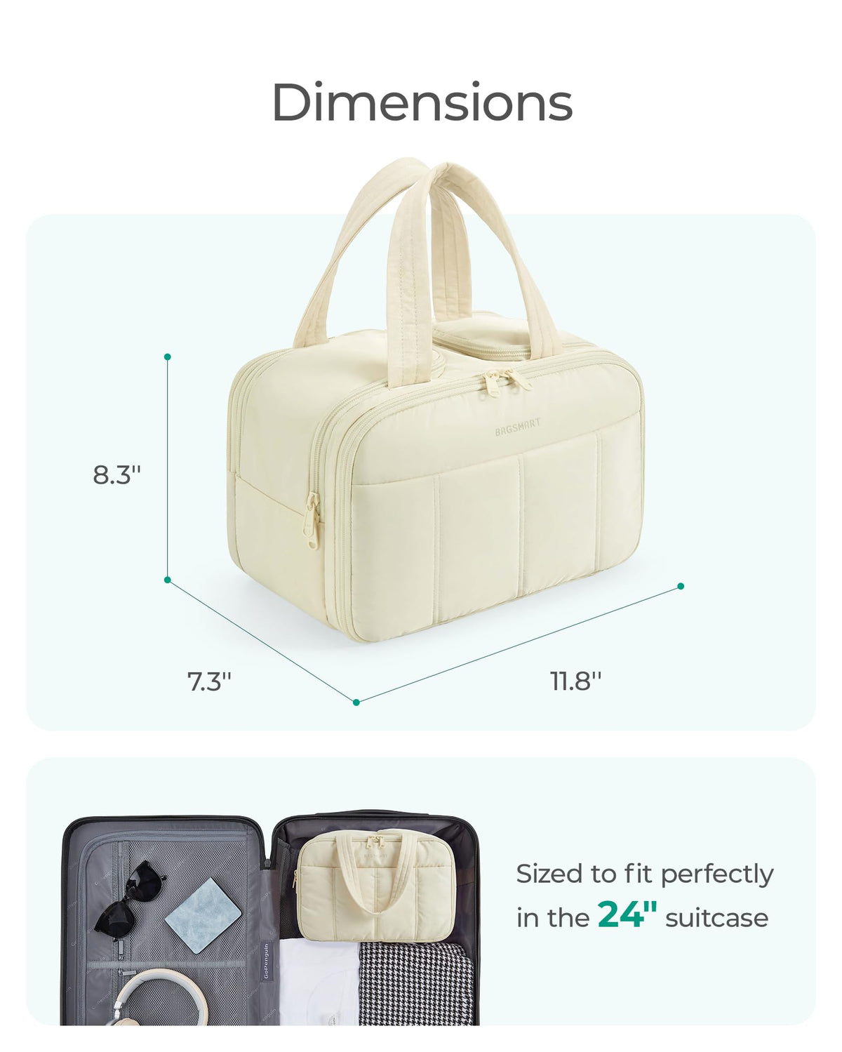 BAGSMART Travel Toiletry Bag, Puffy Toiletry Bag for Women, Lightweight Cosmetic Makeup Bag Organizer with Handle for Traveling, Accessories, Essentials, Toiletries, E-Light Green, 11.8''L x 7.3''W x