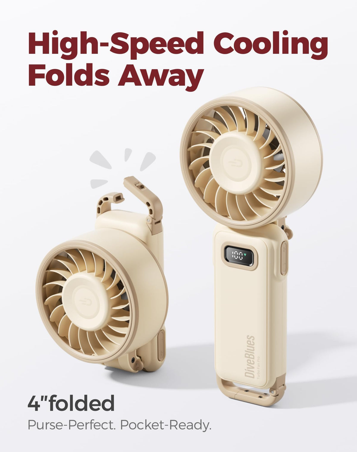 Diveblues Portable Handheld Fan Turbo Fan, 12H Maximum Cooling Time, 100 Speeds, 180° Foldable, 4-in-1 USB Pocket Fan for Hand, Desk and Neck, Mini Travel Fan