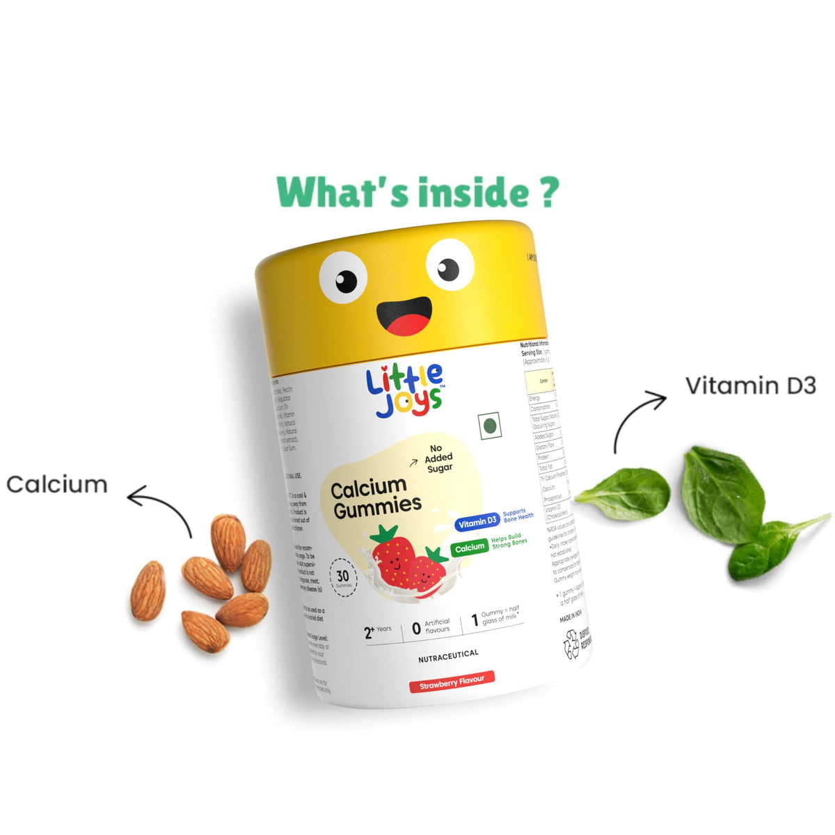 Little Joys Calcium & Vitamin D Gummies for Kids (2+ years) With No Sugar Added | For Stronger Bones, Joints, Teeth & Immunity | Strawberry Flavour | 30 Gummies
