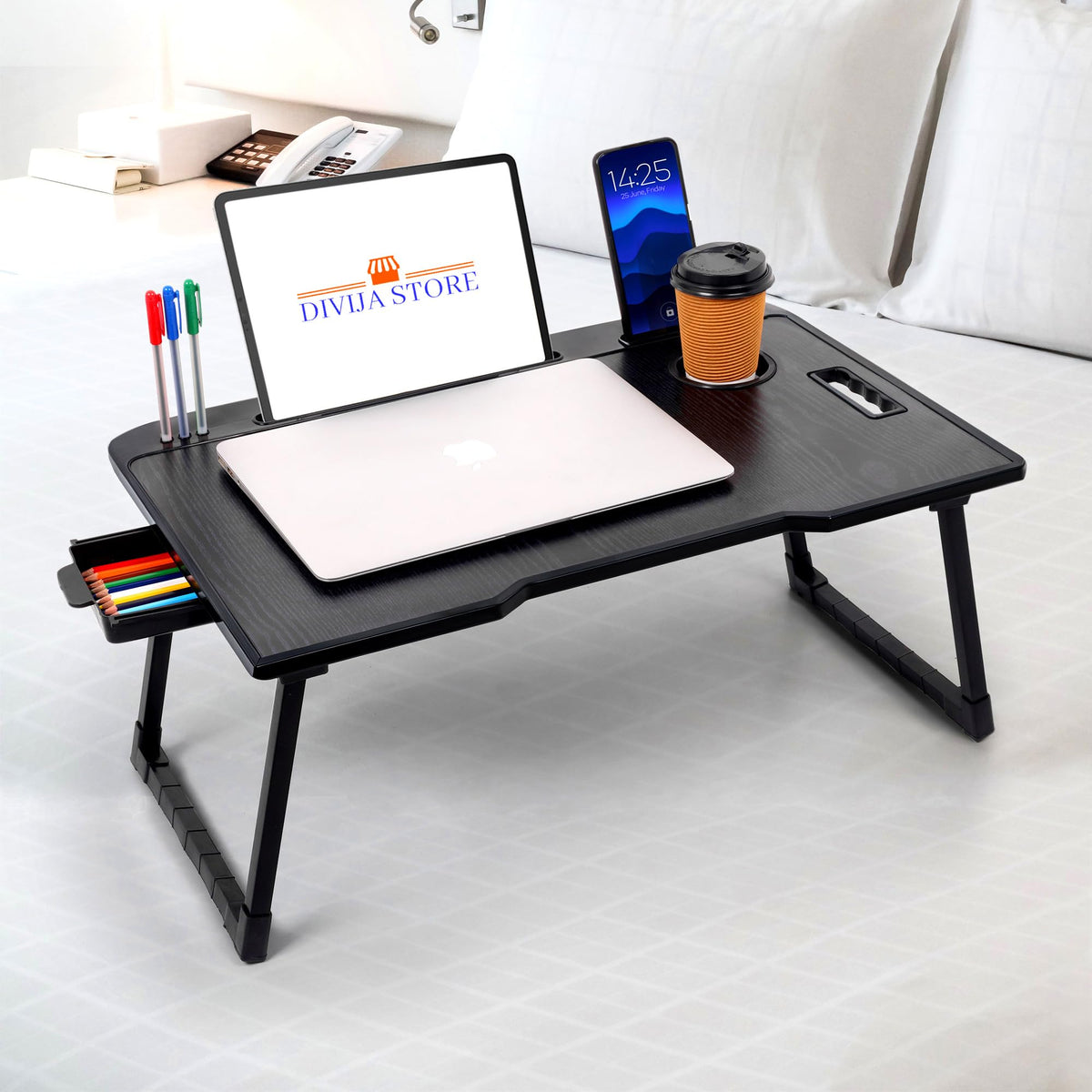 DIVIJA STORE Smart Multipurpose Foldable Laptop Table with Cup Holder, Study Table, Bed Table, Breakfast Table, Foldable and Portable/Ergonomic & Rounded Edges/Non-Slip Legs (Black)