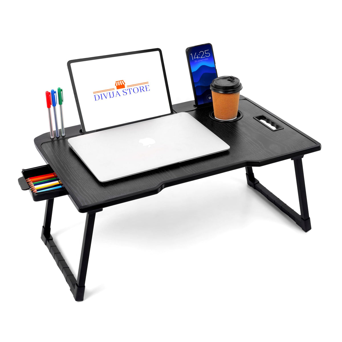 DIVIJA STORE Smart Multipurpose Foldable Laptop Table with Cup Holder, Study Table, Bed Table, Breakfast Table, Foldable and Portable/Ergonomic & Rounded Edges/Non-Slip Legs (Black)