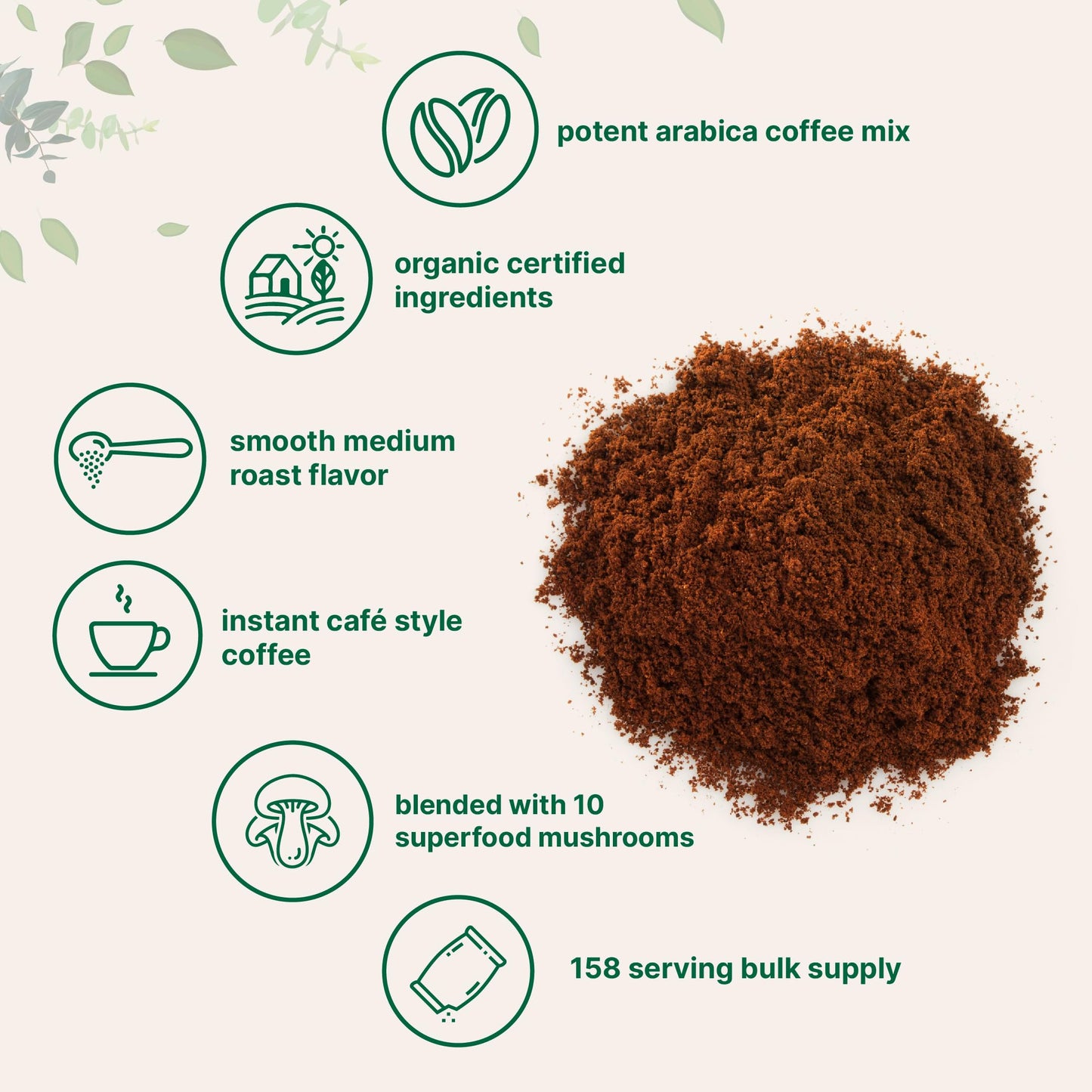 Organic Instant 10 in 1 Mushroom Coffee Powder, 14 Ounce (158 Servings) | Weight & Immune Support | Premium Arabica Coffee with Lion’s Mane, Chaga, Reishi,& More