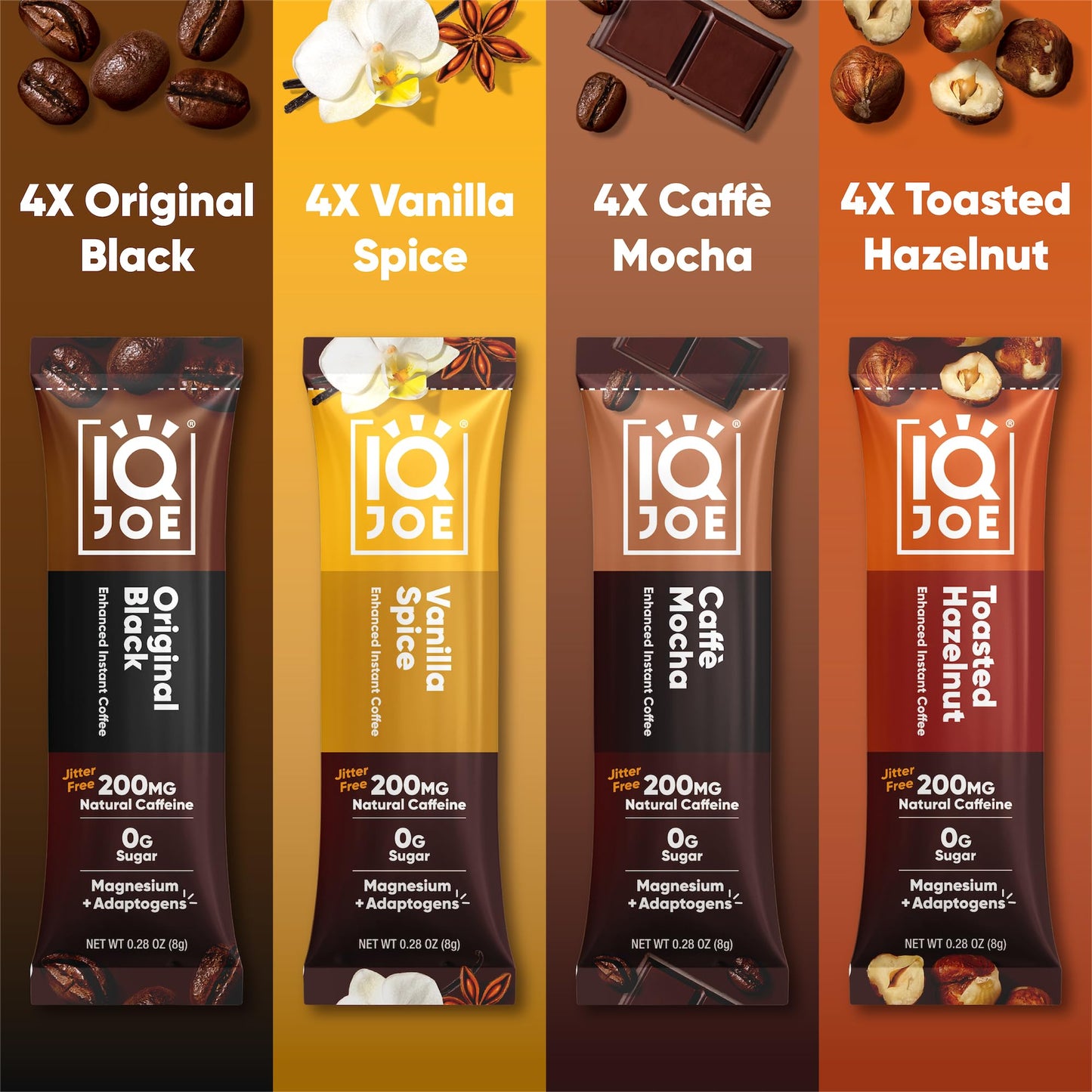 IQJOE Mushroom Instant Coffee - 4-in-1 Formula for Focus, Clarity, Mood, and Energy - Lion’s Mane, Magnesium L-Threonate, Antioxidants, Adaptogens, Sugar Free, Keto, Vegan - 16 Count Variety Pack