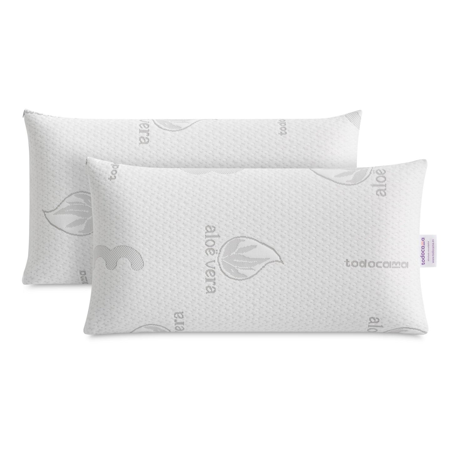 Todocama Almohada Viscoelástica Aloe Vera (Pack 2 Unidades 70 cm), Núcleo Compacto Viscoelástico para Cervicales y Cuello, Firmeza Media-Alta, Doble Funda con Cremallera.
