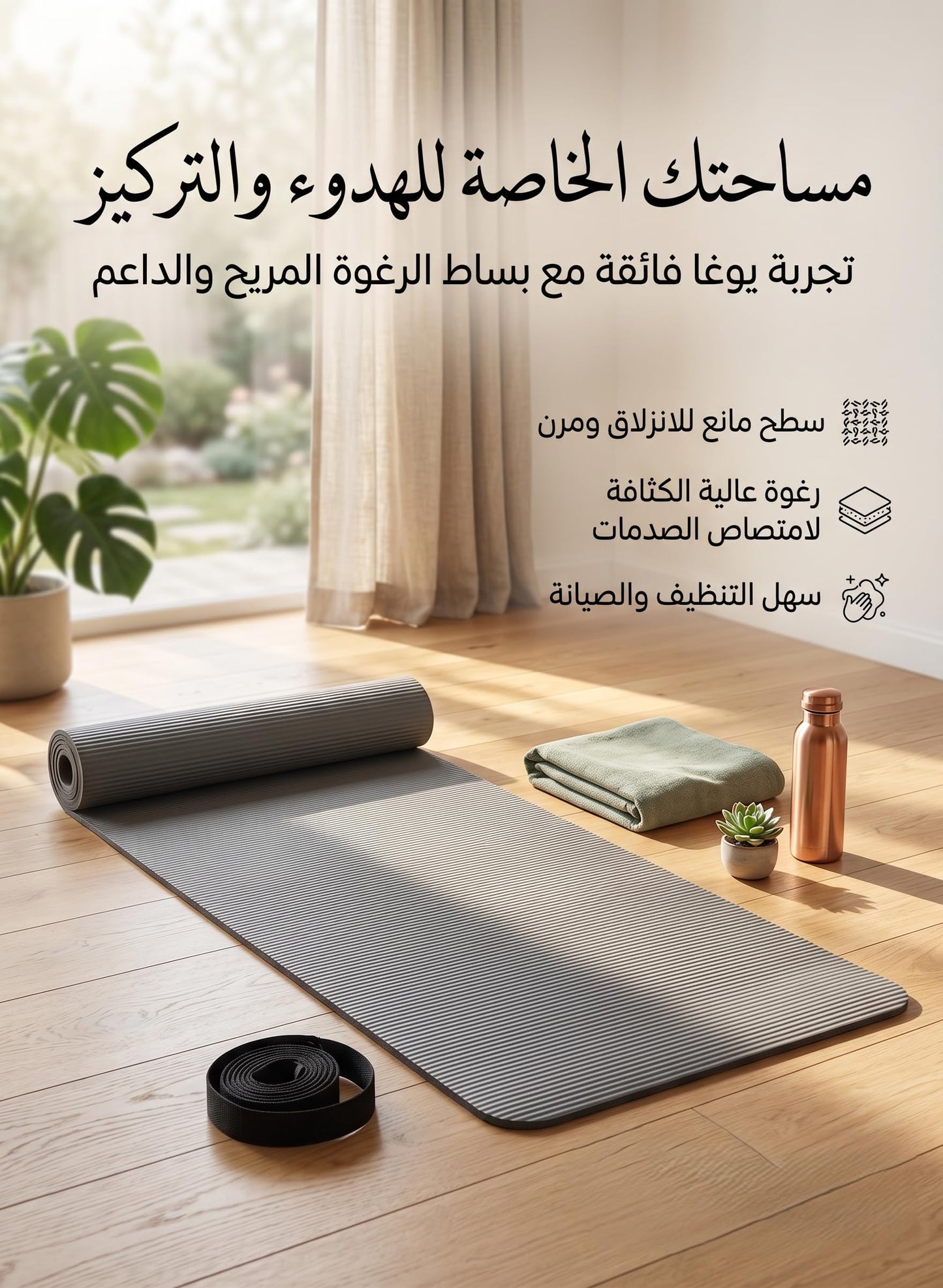 بساط يوغا احترافي بريمو بلس مع حزام للحمل، مصنوع من إسفنج عالي الجودة، يوفر سطحًا مانعًا للانزلاق وراحة فائقة لممارسة التمارين الرياضية في المنزل أو النادي الرياضي ولأنشطة اللياقة البدنية