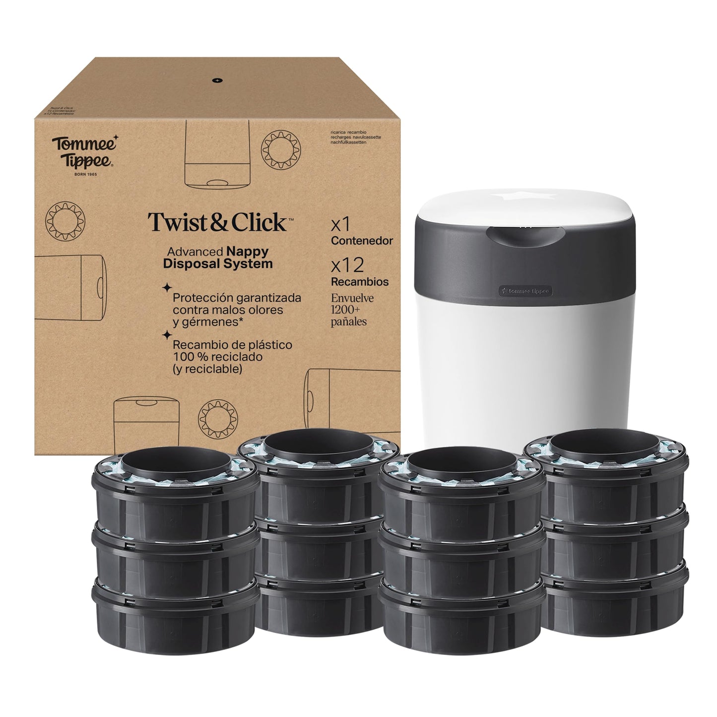 Tommee Tippee - Contenedor para Pañales Avanzado Twist and Click, Nuevo Sistema Ecológico, Incluye 12 Recambios con Película GREENFILM, Blanco