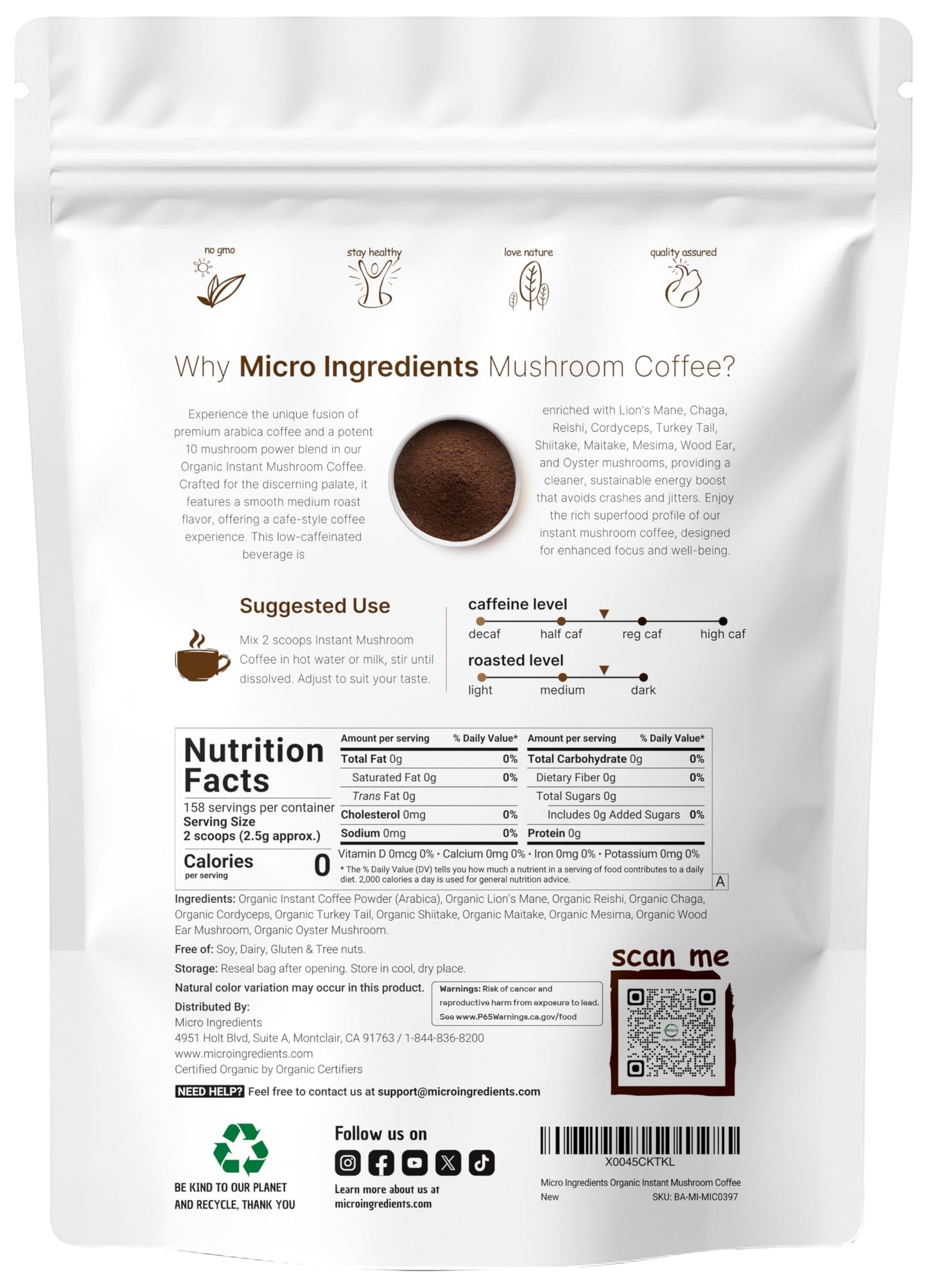 Organic Instant 10 in 1 Mushroom Coffee Powder, 14 Ounce (158 Servings) | Weight & Immune Support | Premium Arabica Coffee with Lion’s Mane, Chaga, Reishi,& More
