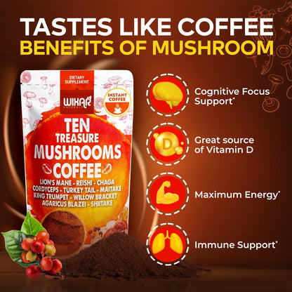 Wixar Mushroom Coffee Blend - Ten Treasure Mushrooms Extract Instant Coffee Powder with Lions Mane, Turkey Tail, Reishi, Chaga, Shiitake, Maitake, Cordyceps, Complex - 5oz Mushroom Supplement