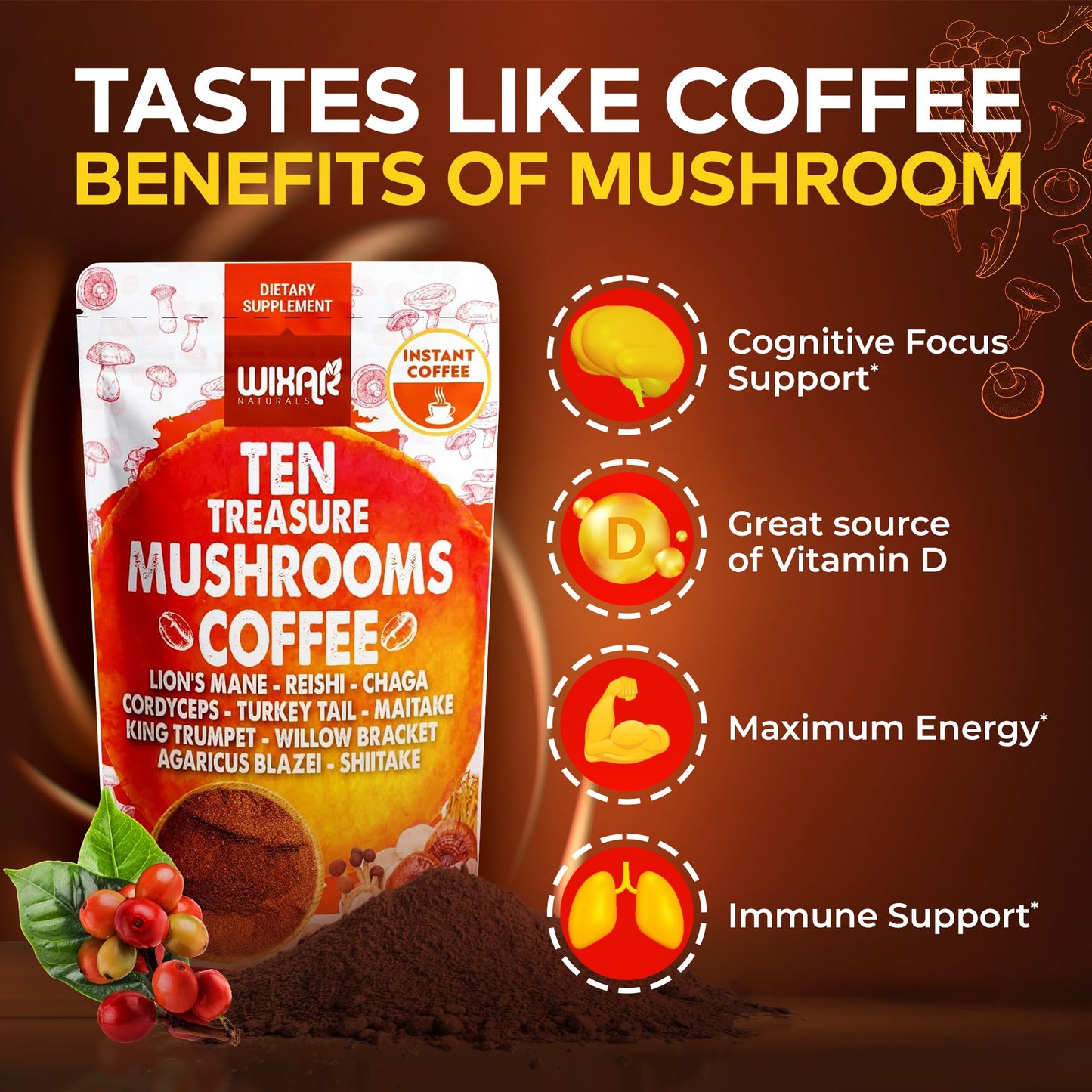 Wixar Mushroom Coffee Blend - Ten Treasure Mushrooms Extract Instant Coffee Powder with Lions Mane, Turkey Tail, Reishi, Chaga, Shiitake, Maitake, Cordyceps, Complex - 5oz Mushroom Supplement