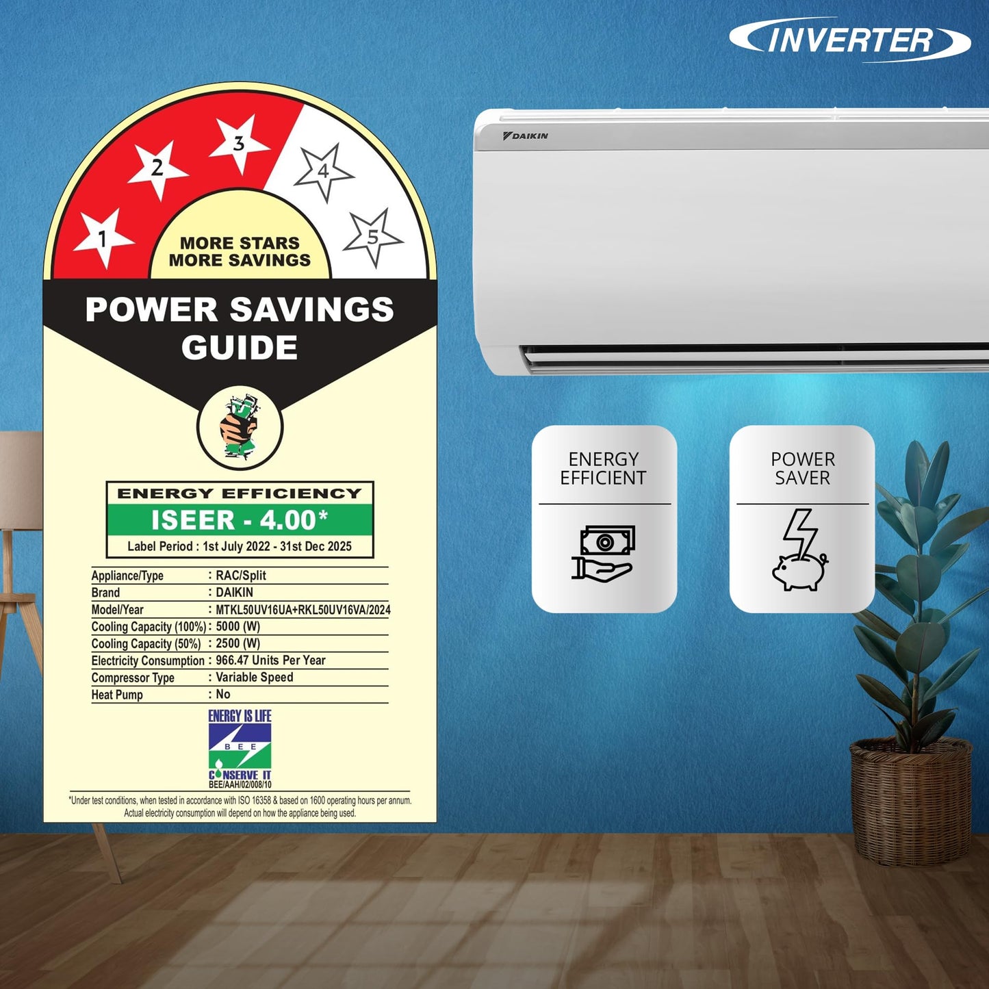 Daikin 1.5 Ton 3 Star Inverter Split AC (Copper, PM 2.5 Filter, Triple Display, Dew Clean Technology, Coanda Airflow, 2024 Model, MTKL50U, White)
