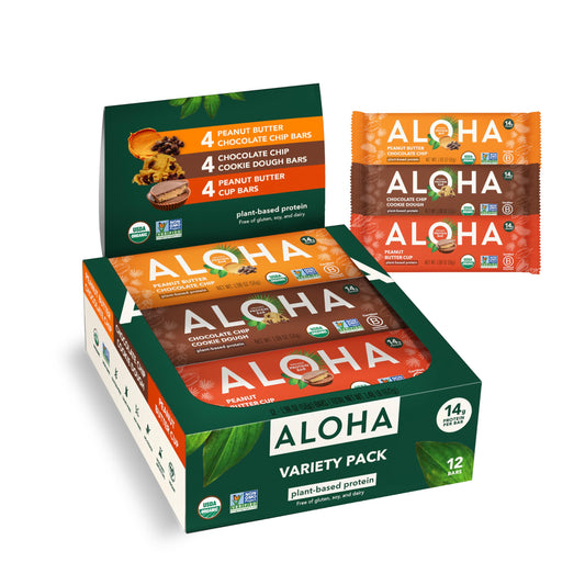 ALOHA Organic Plant Based Protein Bars - 3 Flavor Variety Pack - 12 Count, 1.98oz Bars - Vegan Snacks, Low Sugar, Gluten-Free, Low Carb, Paleo, Non-GMO, Stevia-Free, No Sugar Alcohol Sweeteners
