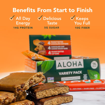 ALOHA Organic Plant Based Protein Bars - 3 Flavor Variety Pack - 12 Count, 1.98oz Bars - Vegan Snacks, Low Sugar, Gluten-Free, Low Carb, Paleo, Non-GMO, Stevia-Free, No Sugar Alcohol Sweeteners