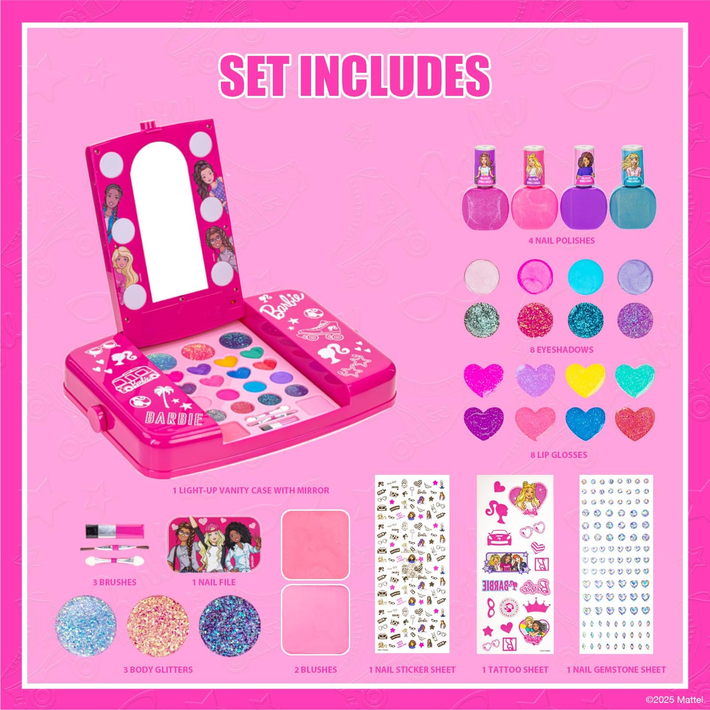 Barbie Set de Maquillaje con Espejo Luminoso Gloss y Esmalte.