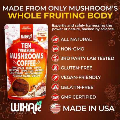 Wixar Mushroom Coffee Blend - Ten Treasure Mushrooms Extract Instant Coffee Powder with Lions Mane, Turkey Tail, Reishi, Chaga, Shiitake, Maitake, Cordyceps, Complex - 5oz Mushroom Supplement