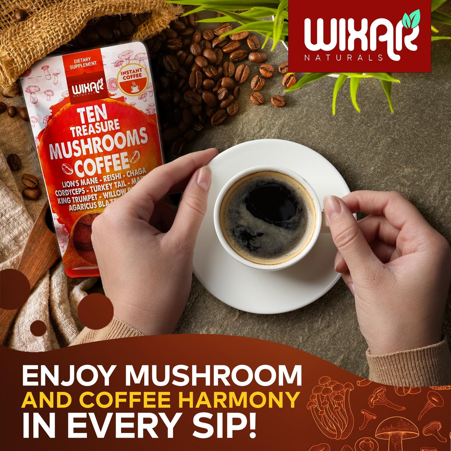 Wixar Mushroom Coffee Blend - Ten Treasure Mushrooms Extract Instant Coffee Powder with Lions Mane, Turkey Tail, Reishi, Chaga, Shiitake, Maitake, Cordyceps, Complex - 5oz Mushroom Supplement