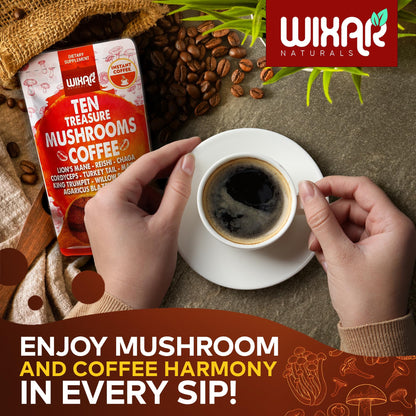 Wixar Mushroom Coffee Blend - Ten Treasure Mushrooms Extract Instant Coffee Powder with Lions Mane, Turkey Tail, Reishi, Chaga, Shiitake, Maitake, Cordyceps, Complex - 5oz Mushroom Supplement