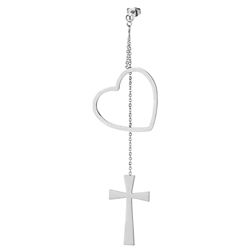 Pair Womens Stainless Steel Stud Earrings with Extra Long Chain of Cross and Dangling Open Heart