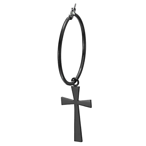 Pair Womens Stainless Steel Large Black Plain Circle Huggie Hinged Hoop Earrings with Dangling Cross