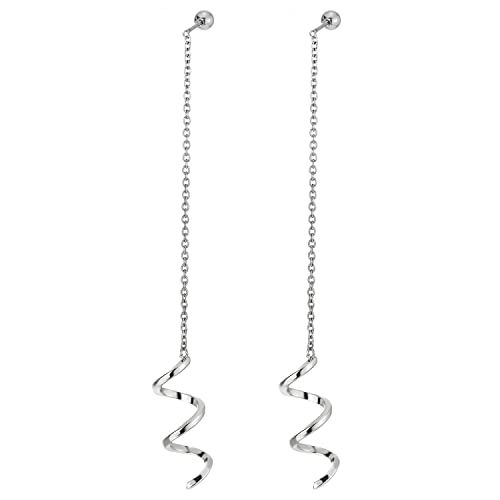 Womens Steel Stud Earrings Long Dangle Chain Link Spiral Wave Wire, Screw Back