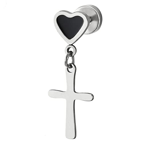 Pair Womens Screw Stud Earrings with Black Enamel Heart and Cross, Stainless Steel