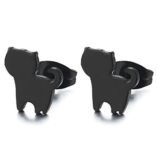 Pair Womens Small Black Flat Kitty Cat Stud Earrings Stainless Steel, Lovely