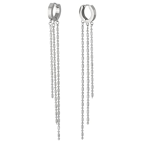 Pair Womens Stainless Steel Huggie Hinged Hoop Earrings with Three Dangling Long Chains